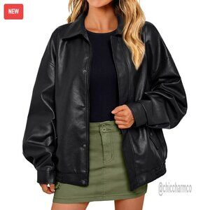 Oversized Faux Leather Motorcycle Jacket Zip Up Blazer Fall Winter
